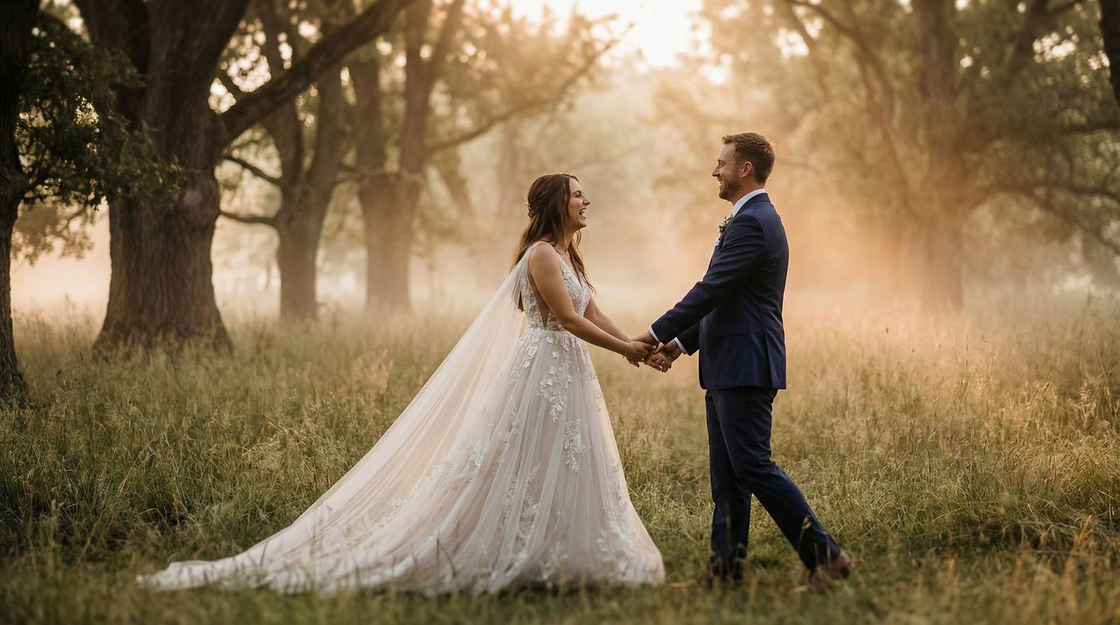 Bride and groom walking in golden hour light